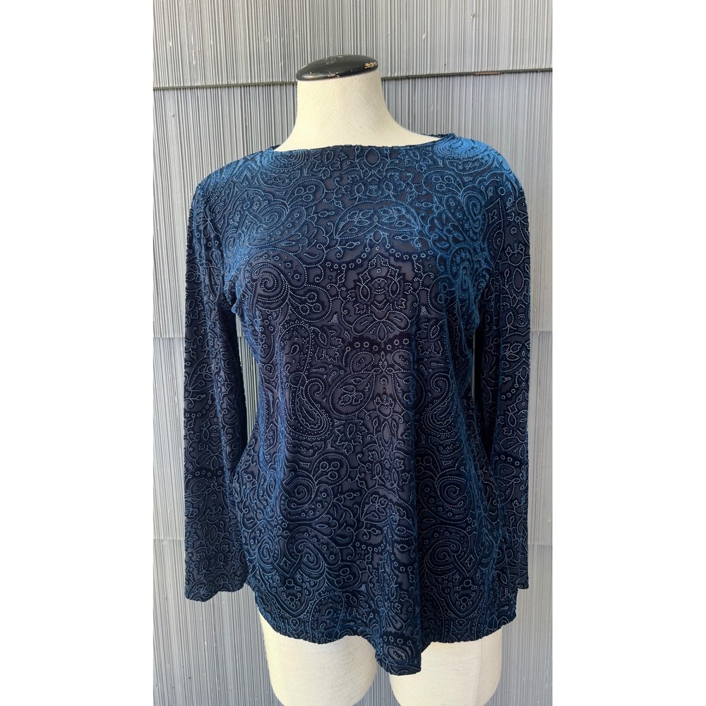Dialogue Womens Navy Blue Flocked Paisley Boho Long Sleeve Top Boat Neck XS USA